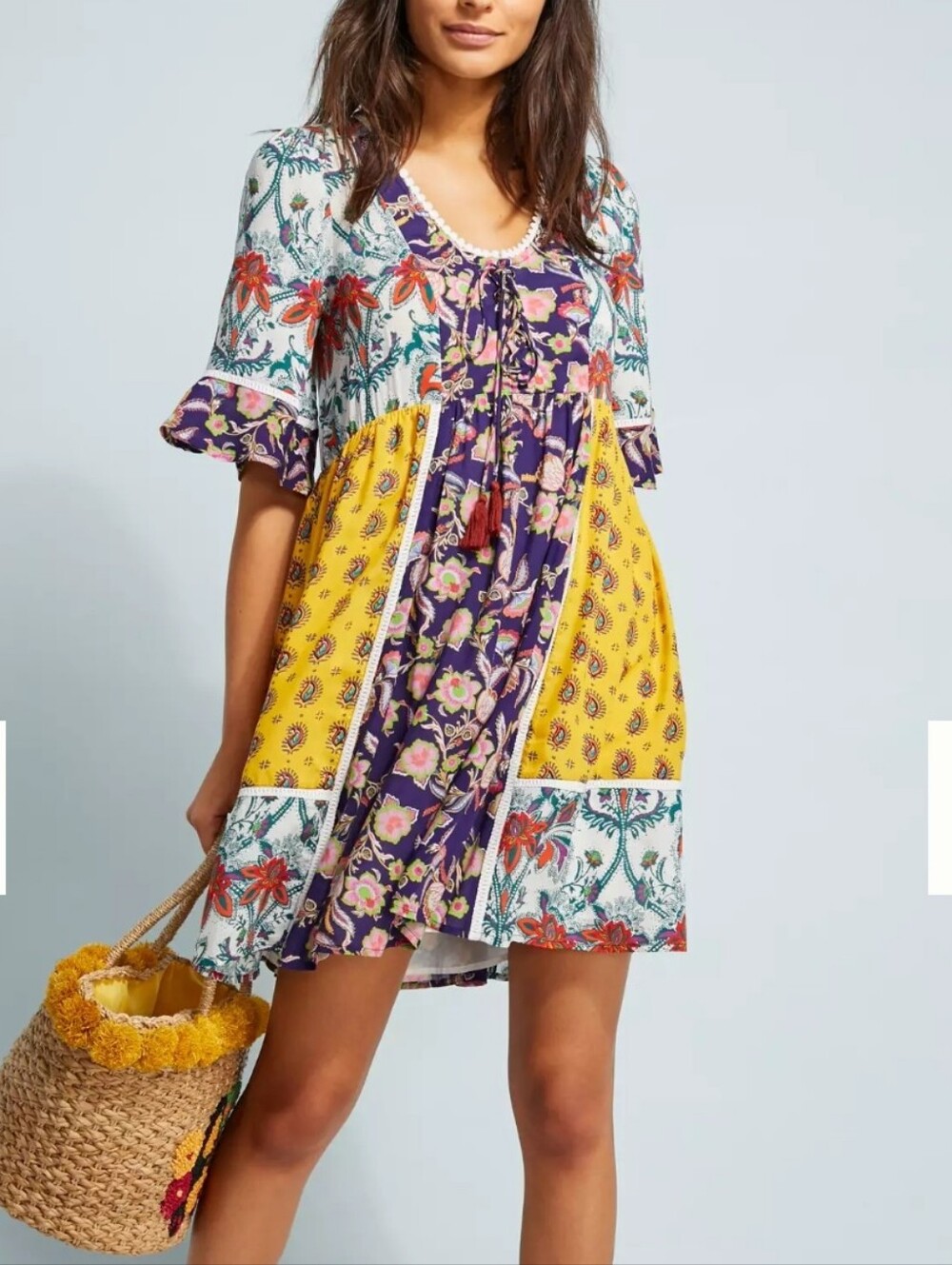 Anthropologie Lilka Patchwork Trapeze Dress Boho Tassel Mini Festival XL
